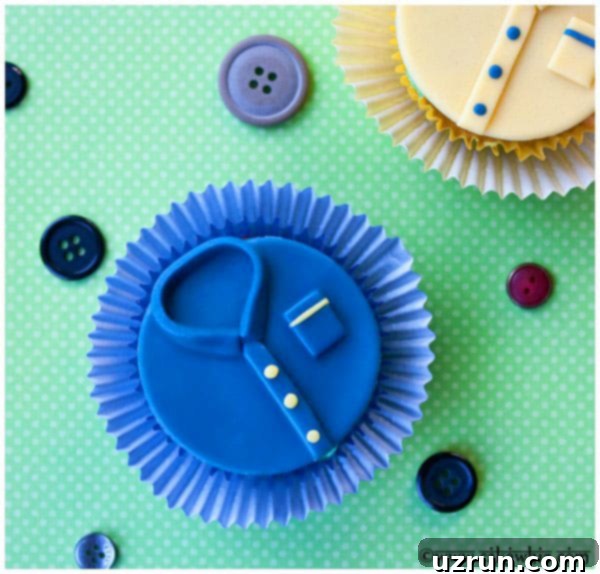 Shirt Cupcakes: Perfect for Father's Day or Dad's Birthday 3 Homemade Father's Day Cupcakes With Fondant Shirt Topper on Green Background