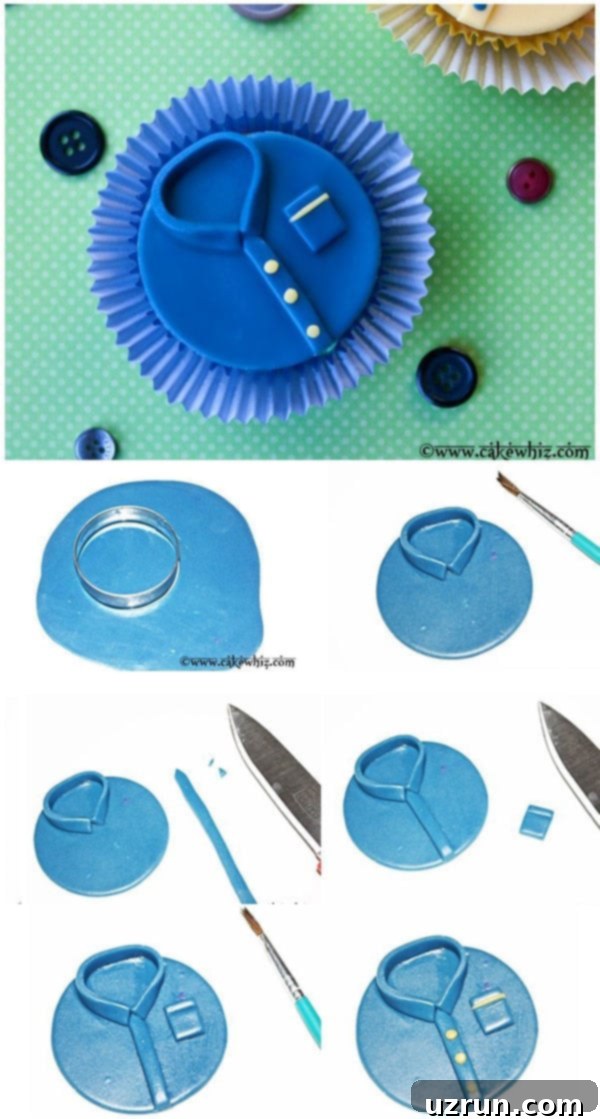 Shirt Cupcakes: Perfect for Father's Day or Dad's Birthday 4 Collage Image with Step by Step Pictures on How to Make Fondant Shirt Cupcake Toppers