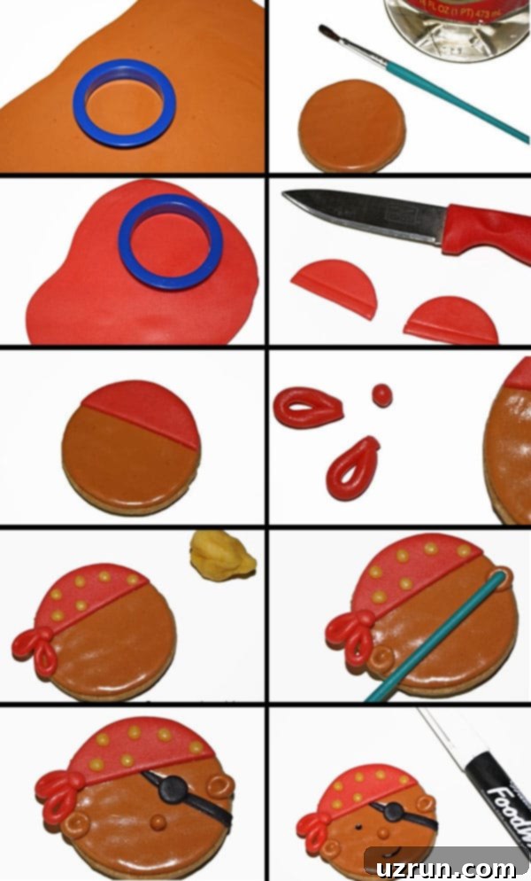 Swashbuckling Easy Fondant Cookies 3 Collage Image with Step by Step Process Shots on How to Make Decorated Sugar Cookies, showing the progression of pirate cookie design.
