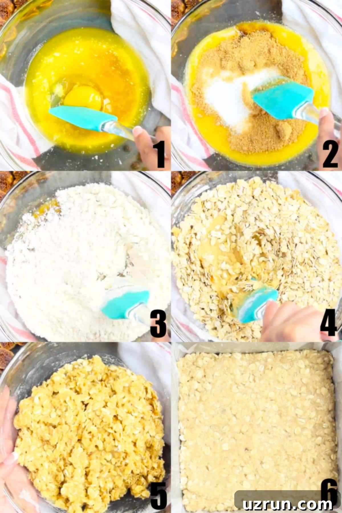 Chocolate Oatmeal Crumb Bars 5 Collage image showing the step-by-step process of preparing the oatmeal base and mixing ingredients for chocolate crumble bars.