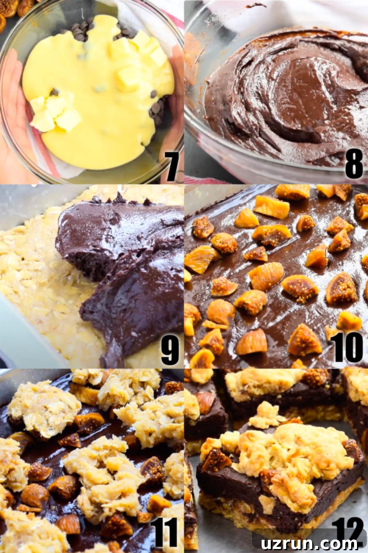 Chocolate Oatmeal Crumb Bars 6 Collage image demonstrating the step-by-step process of adding the chocolate fudge layer and crumb topping to homemade chocolate bars.