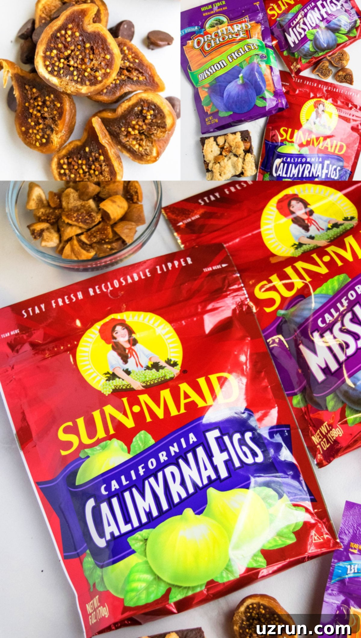 Chocolate Oatmeal Crumb Bars 7 Collage image displaying a variety of Sun-Maid figs, highlighting different types and their quality for baking.