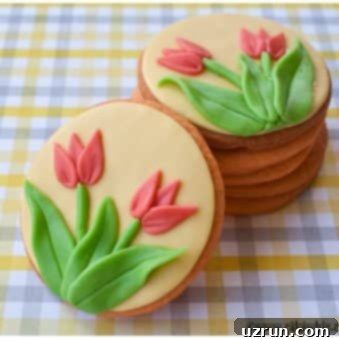 Simple Fondant Tulip Cookies 4 Easy Tulip Cookies Decorated With Fondant on a Gingham Yellow and Gray Background.