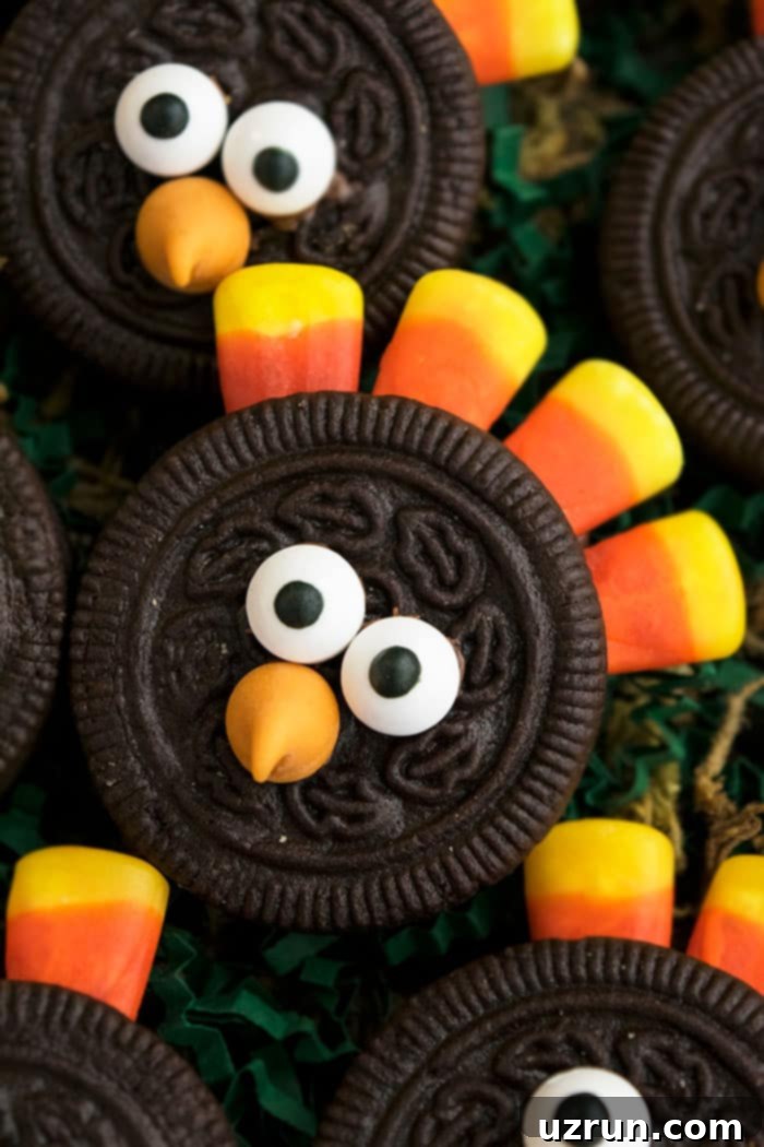 Easy Thanksgiving Oreo Turkey Cookies With Candy Corn- Closeup Shot.