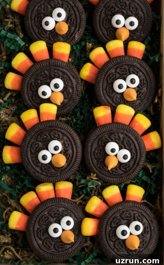 Easy No-Bake Oreo Turkey Cookies with Candy Corn Feathers 4 Tray of Easy Thanksgiving Cookies.