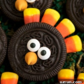 Easy No-Bake Oreo Turkey Cookies with Candy Corn Feathers 5 Easy Thanksgiving Oreo Turkey Cookies With Candy Corn- Closeup Shot.