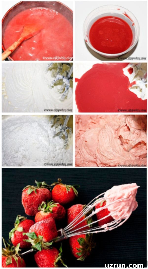 Luscious Fresh Strawberry Frosting 3 Collage Image With Step by Step Pictures on How to Make Fresh Strawberry Frosting