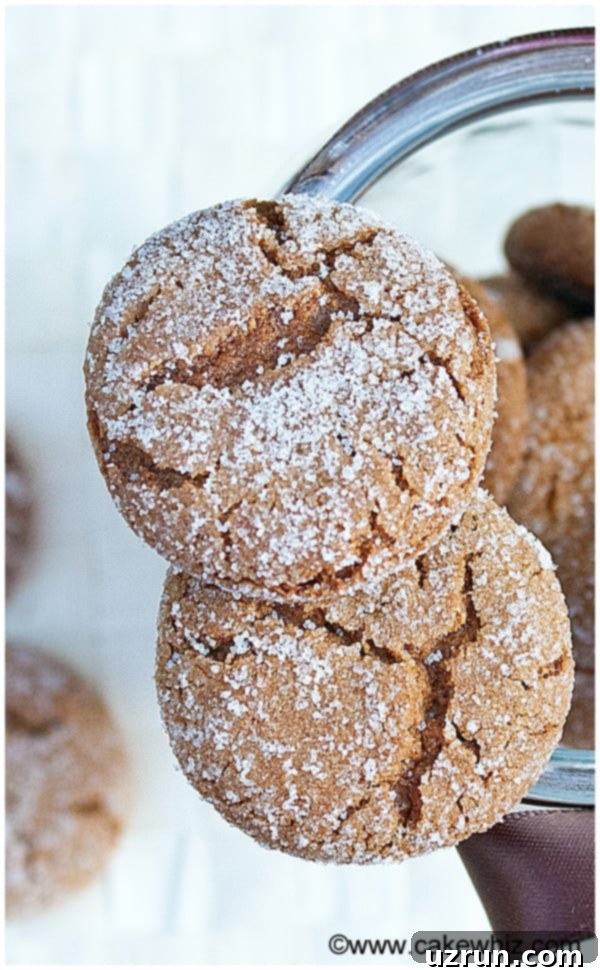 Soft and Chewy Molasses Cookies 3 Soft and Chewy Molasses Crinkle Cookies on Top of Glass Jar