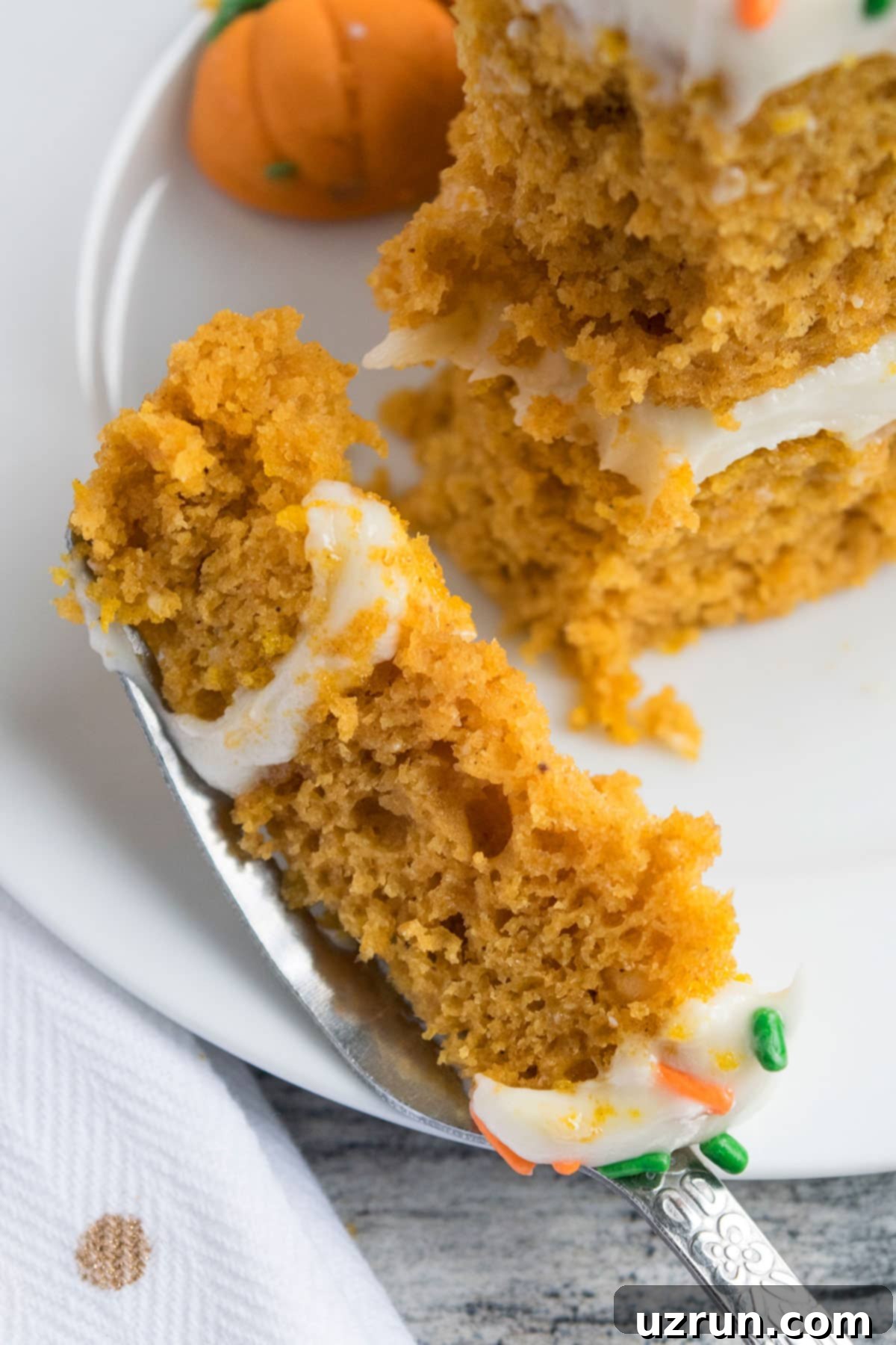 Simple Cake Mix Pumpkin Cake 6 Fork Full of Cake on Yellow Dish