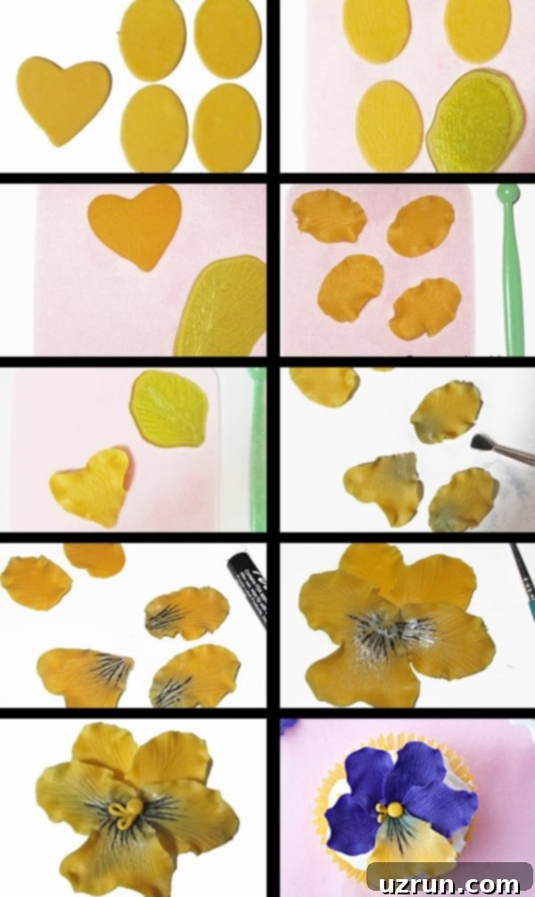 Easy Fondant Pansy Cupcakes 4 Collage Image With Step By Step Process Shots on How to Make Flower Cupcakes, showcasing fondant pansy creation