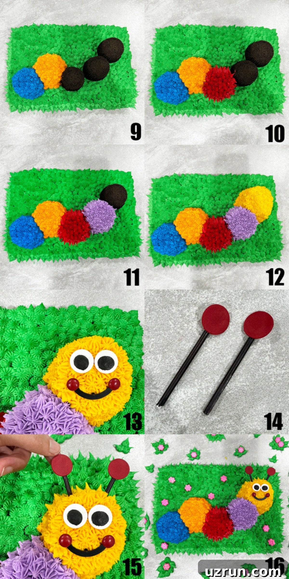 Collage Image With Step by Step Process Shots on How to Make Caterpillar Cake- Part 2.