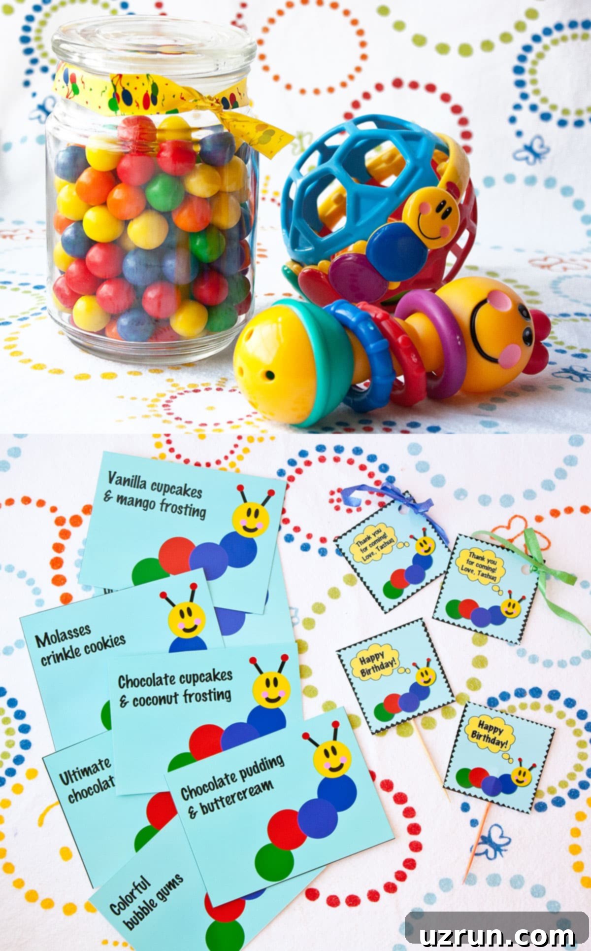 Collage Image With Caterpillar Party Invites and Toys. 