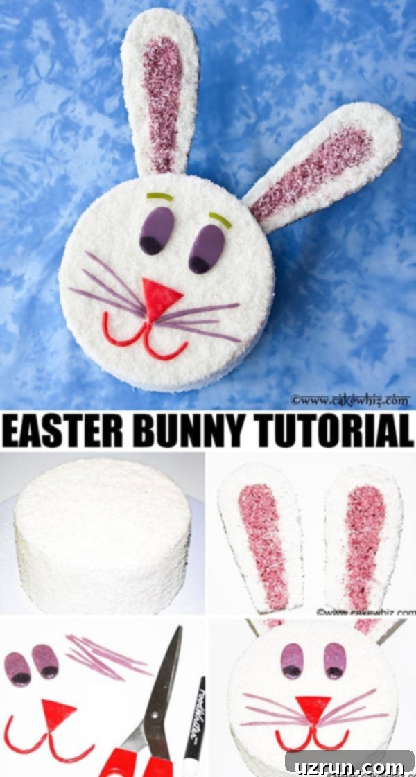 Effortless Easter Bunny Cake 3 Collage Image With Step by Step Process Shots on How to Make Easy Easter Cake. A visual guide showing baking, frosting, coconut application, ear creation, and candy detailing for the bunny cake.