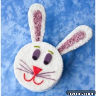 Effortless Easter Bunny Cake 4 Easy Vintage Bunny Cake With Frosting and Coconut on Blue Background.