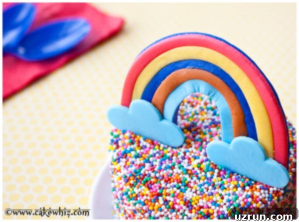 Confetti Rainbow Cake 3 Closeup Shot of Fondant Rainbow Topper on Sprinkle Cake