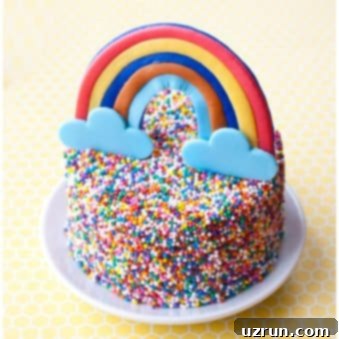Confetti Rainbow Cake 5 Easy Rainbow Sprinkle Cake on White Plate with Yellow Background