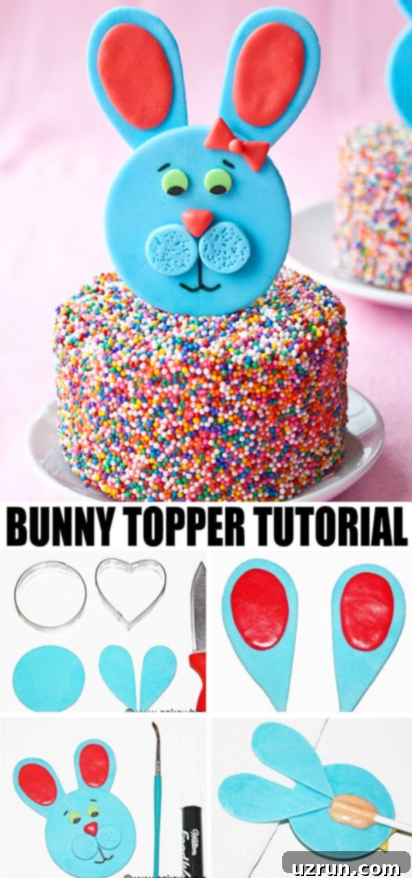 Whimsical Easter Cake Bunny 4 Collage Image With Step by Step Process Shots on How to Make Easter Bunny Cake Topper