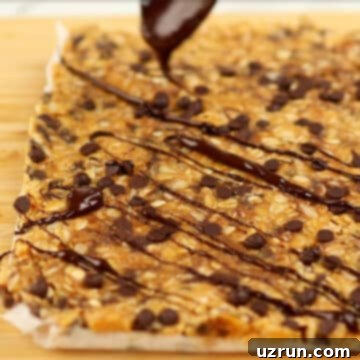 Effortless No Bake Granola Bars 9 Melted chocolate drizzled on top of bars.