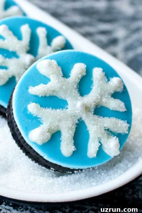 Snowflake Oreos 4 Easy Snowflake Oreos in White Dish- Closeup Shot