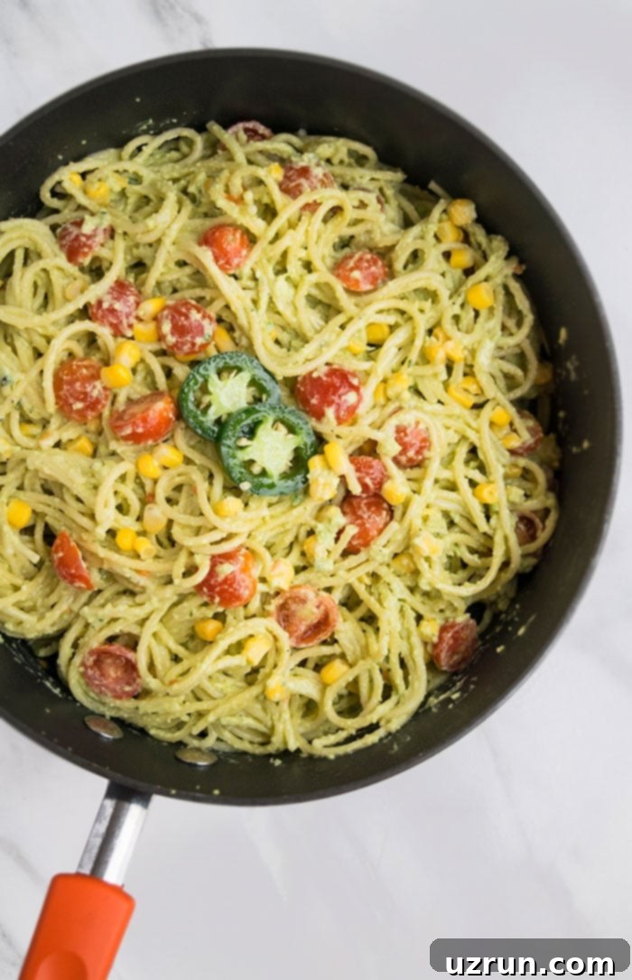 Smooth Green Fire Pasta 3 Creamy Avocado Pasta in Large Black Pot.