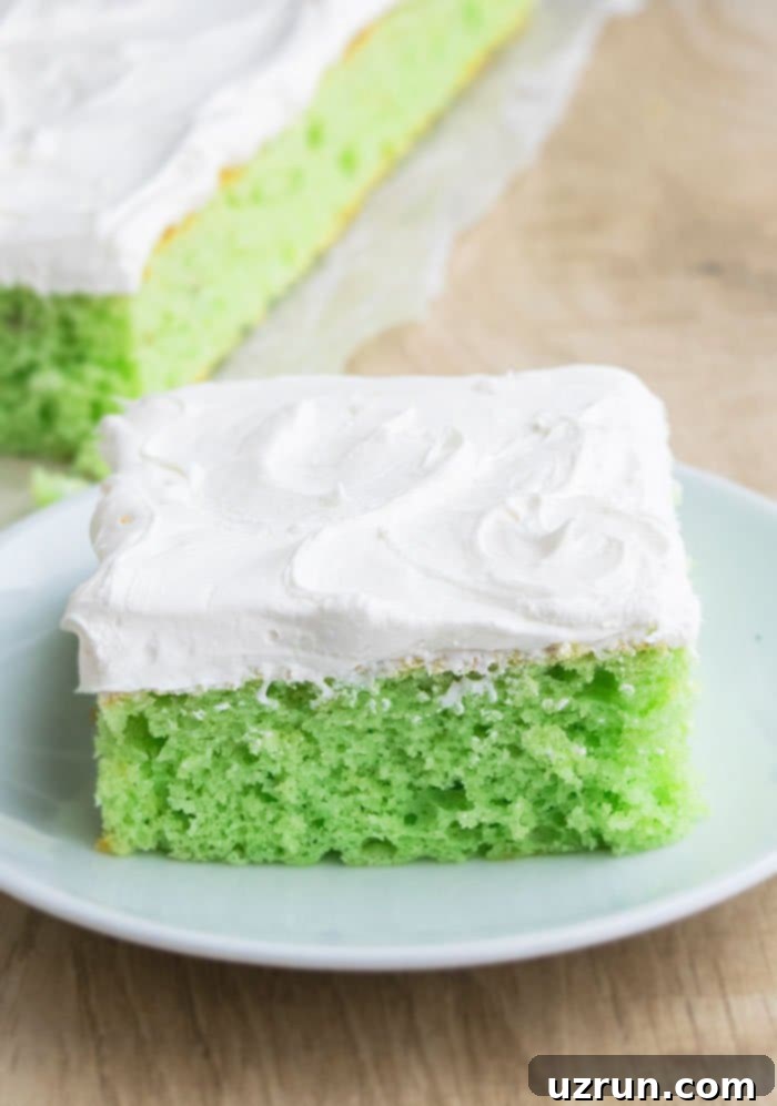 Easy Pistachio Cake With Cake Mix on White Plate, topped with whipped cream and a sprinkle of chopped pistachios