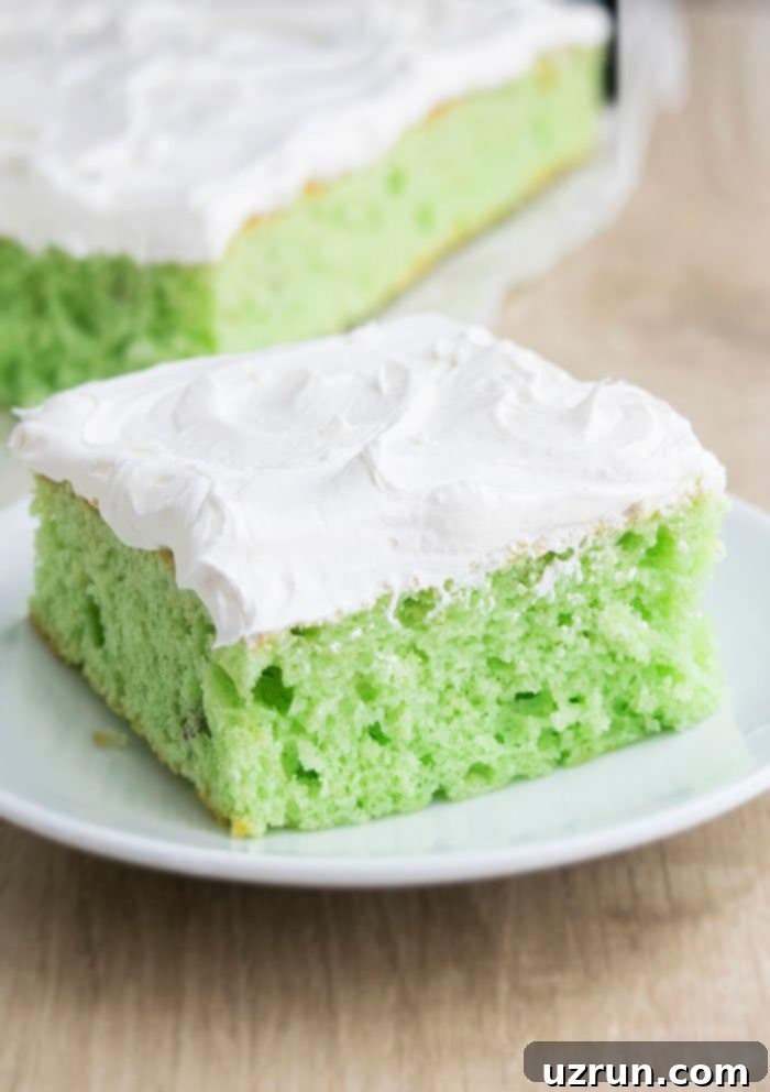 Effortless Pistachio Cake 5 Cake Mix Cake with Pistachios and Whipped Cream on White Plate, garnished with cherries