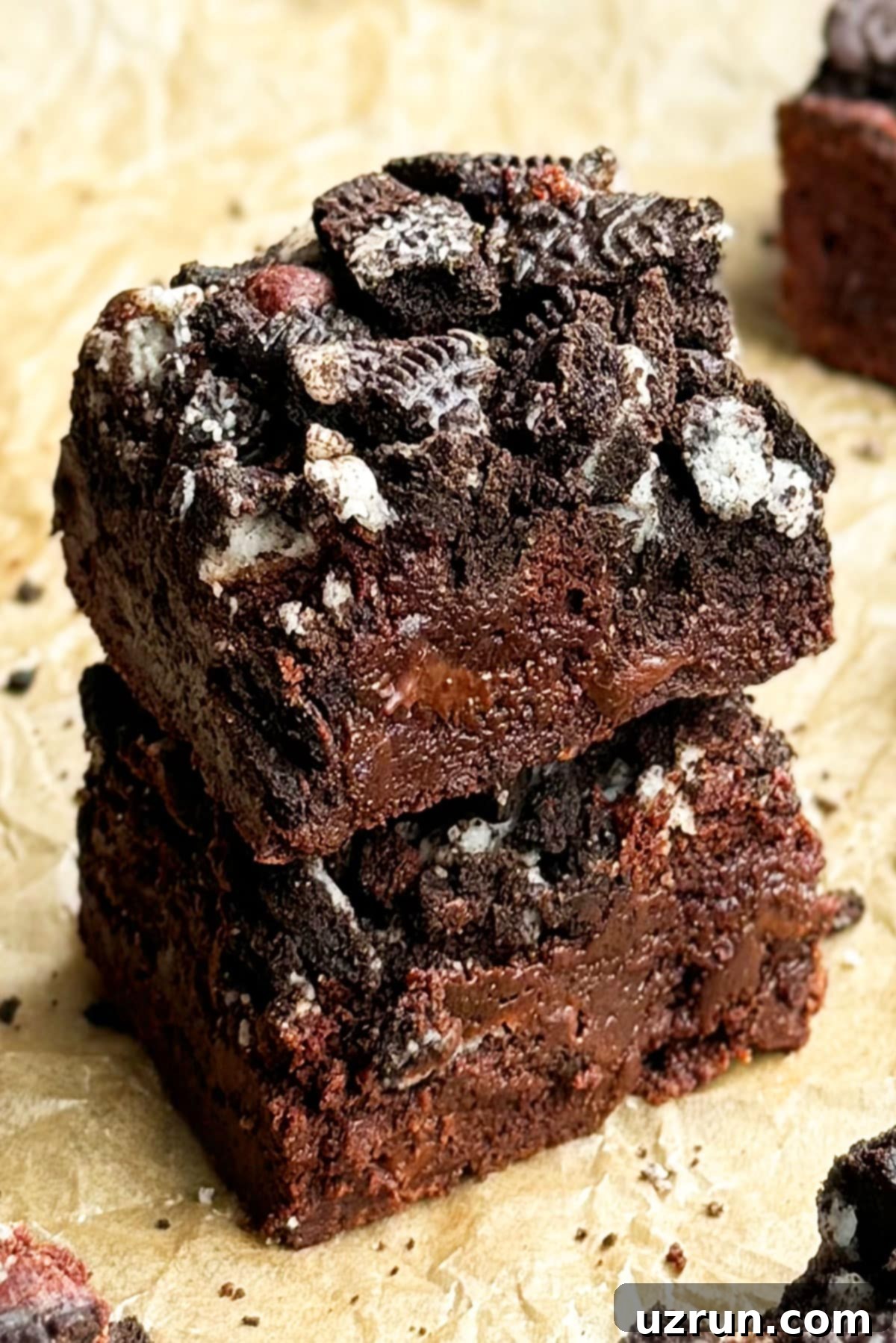 Stack of easy fudgy chocolate Oreo brownies on brown parchment paper, showcasing their rich texture and Oreo topping.
