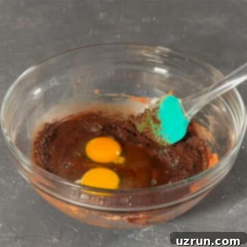Easy Fudgy Oreo Brownies 5 Large glass bowl with melted chocolate mixture, adding eggs and vanilla extract.