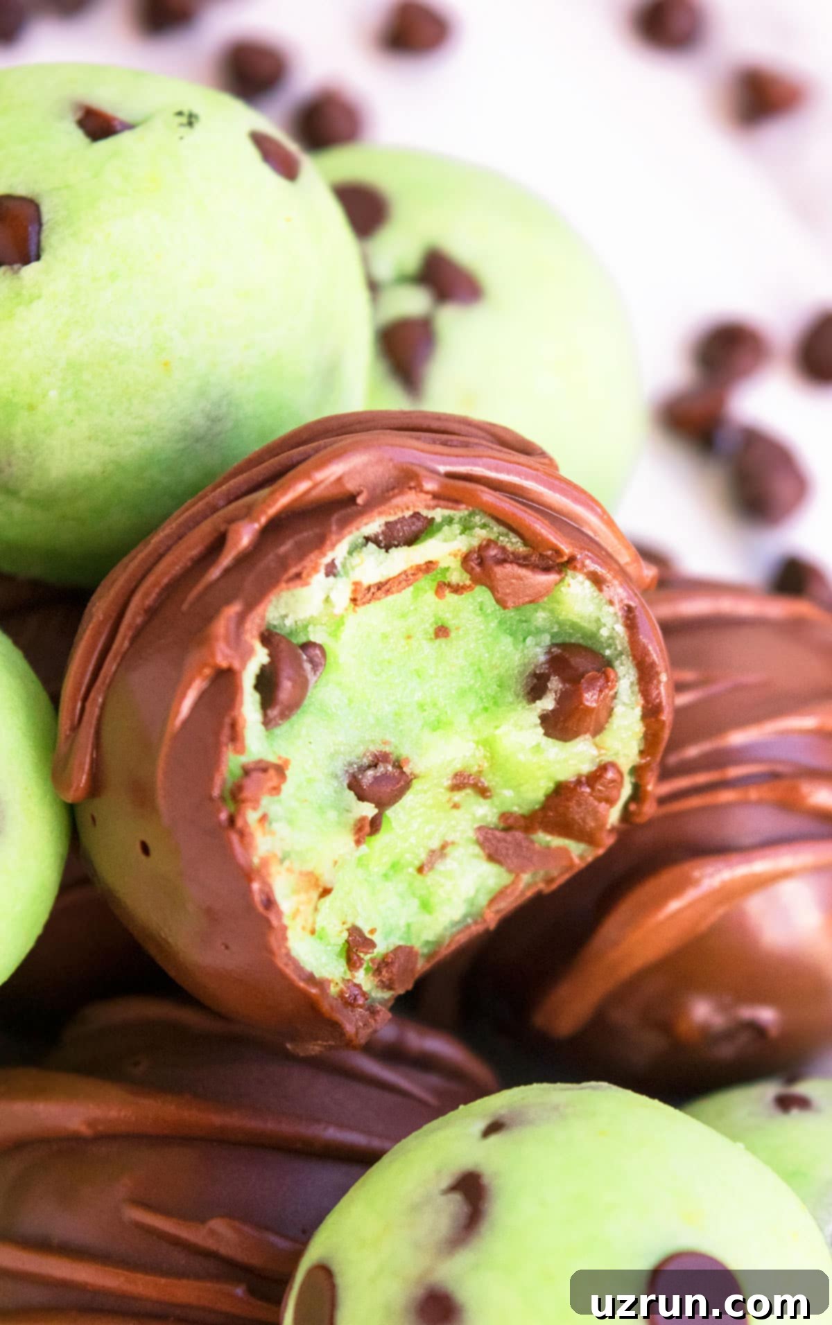 Easy Chocolate Mint Truffles 5 Partially Eaten Chocolate Dipped Truffle- Closeup Shot.