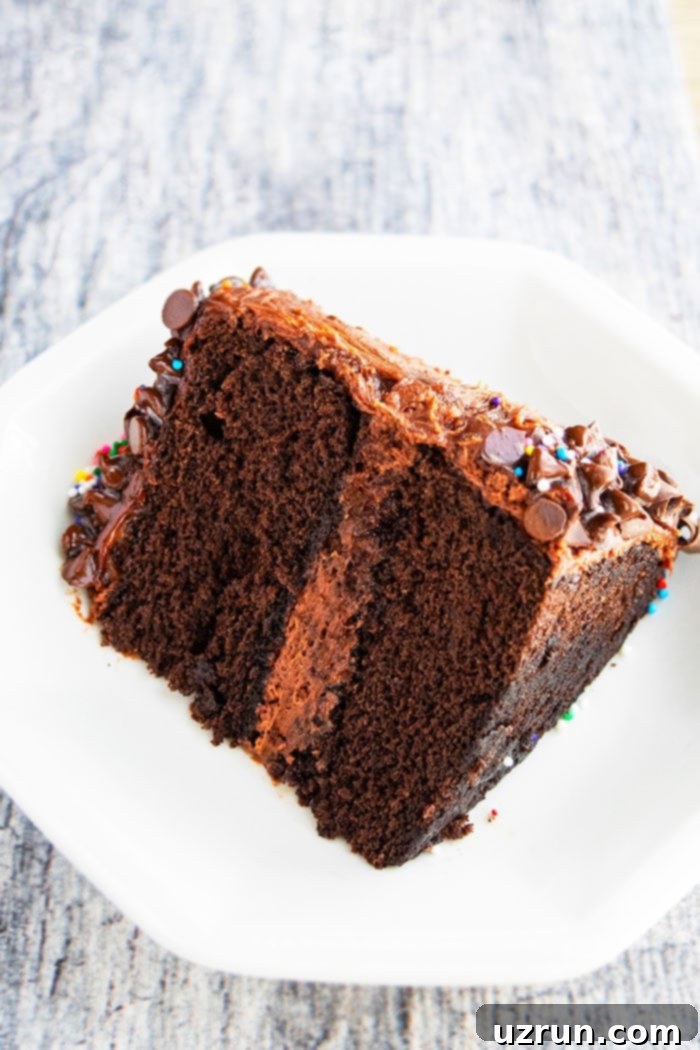 Ultimate Homemade Triple Chocolate Cake 3 Slice of Best Chocolate Layer Cake on White Plate