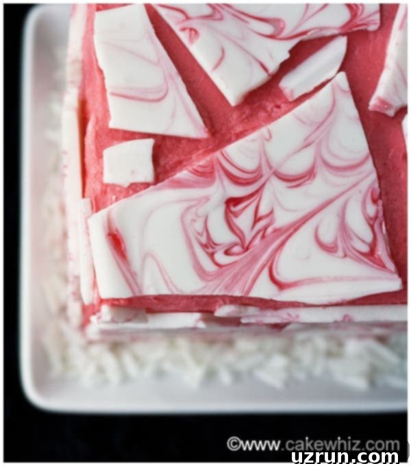 Foolproof Chocolate Bark Cake 3 Closeup Shot of White Chocolate Bark on Top of Pink Frosting