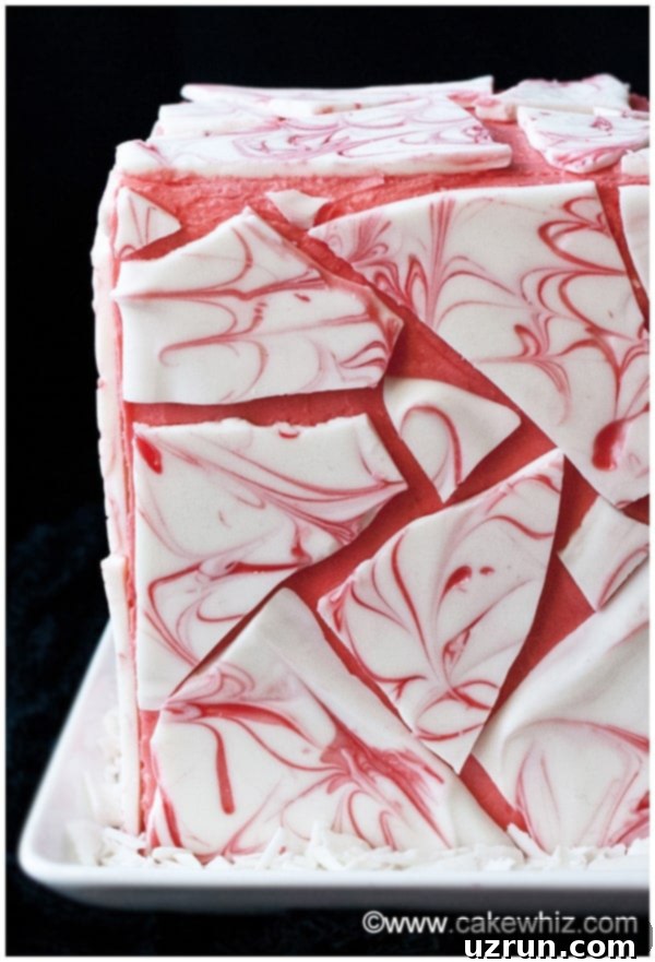 Foolproof Chocolate Bark Cake 4 Pink Cake With Chocolate Decoration on White Dish