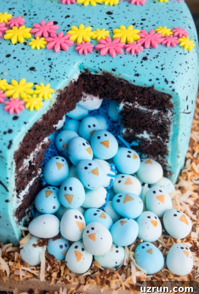 Surprise Inside Easter Robin Egg Cake 5 Closeup Shot of Filled Cake With Lots of Candies- Closeup Shot.