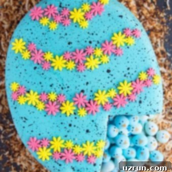 Surprise Inside Easter Robin Egg Cake 7 Easy Pinata Cake (Easter Robin Egg Cake) on a Board Covered in Toasted Coconut.