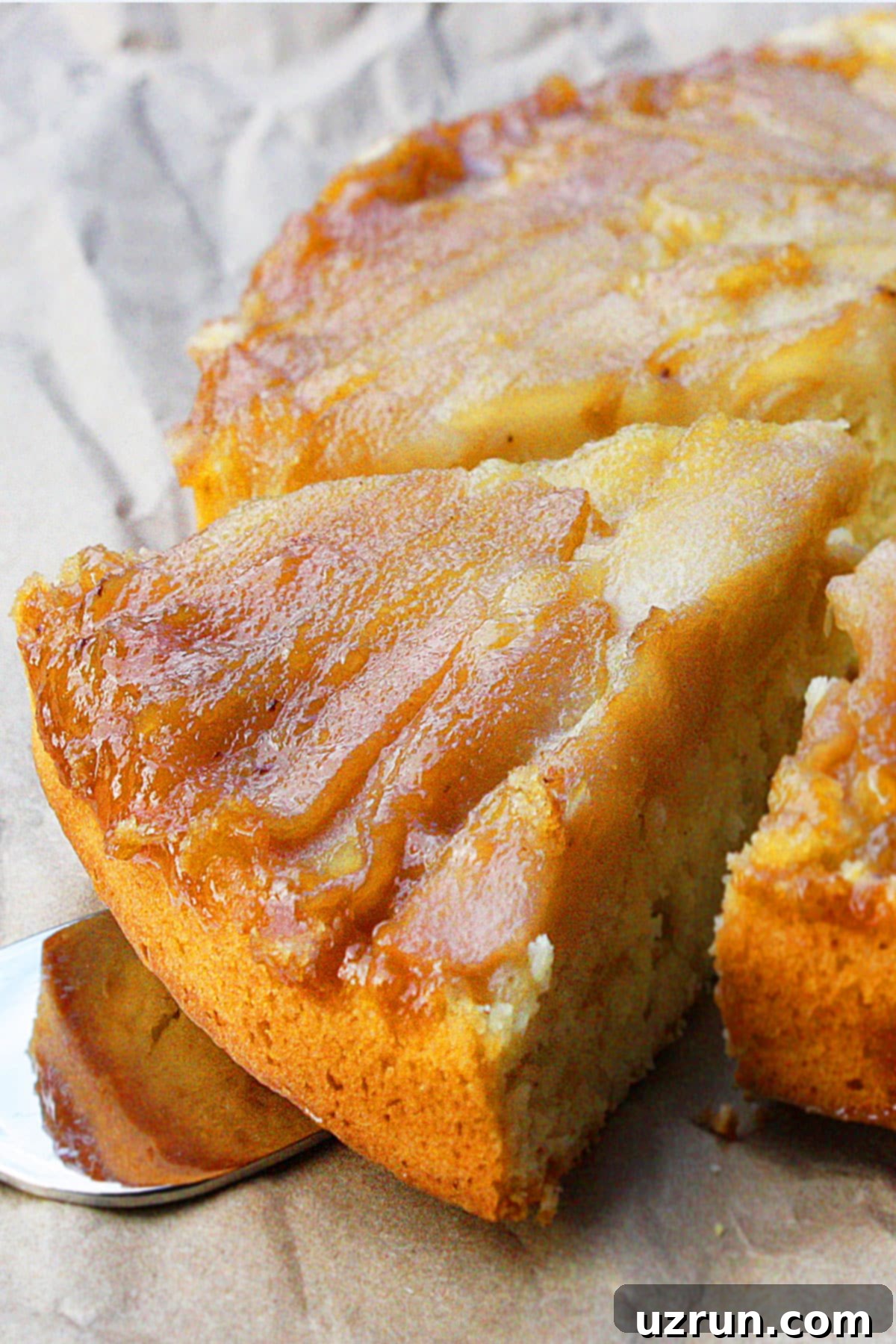 Golden Caramelized Pear Upside Down Cake 3 Slice of Fresh Pear Upside Down Cake- Closeup Shot