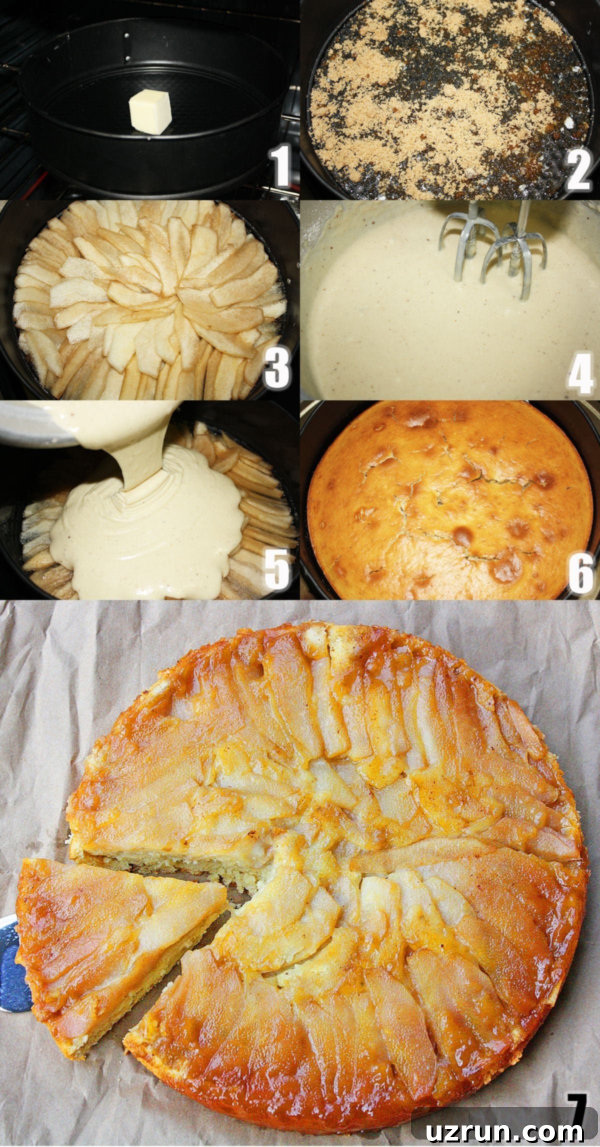 Golden Caramelized Pear Upside Down Cake 4 Collage Image With Step by Step Process Shots on How to Make Easy Upside Down Cake