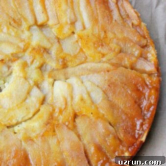 Golden Caramelized Pear Upside Down Cake 6 Easy Upside Down Pear Cake on Rustic Brown Background- Overhead Shot