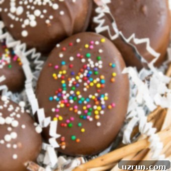 Easy 4-Ingredient Peanut Butter Eggs 5 Easy Homemade Peanut Butter Eggs With Sprinkles on Fake Nest.