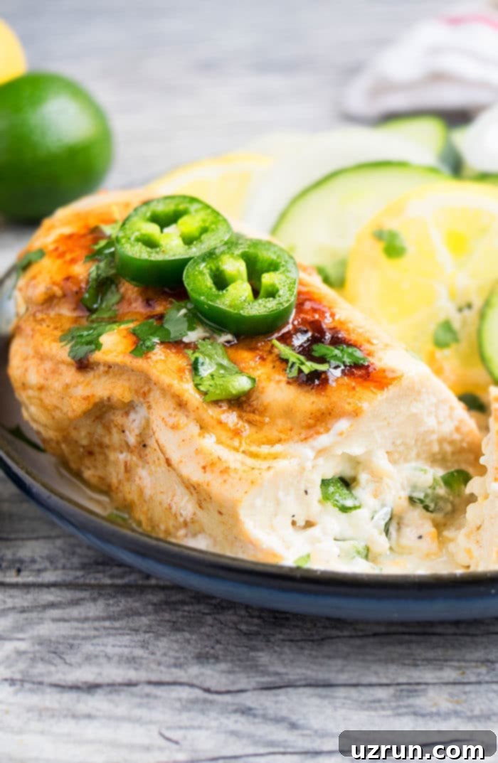 Jalapeno Popper Chicken 3 Spicy Chicken Breast Stuffed With Cheese on White Dish With Black Rim.