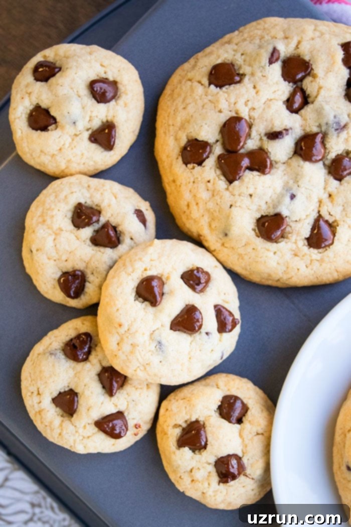 Best Jumbo Soft and Chewy Chocolate Chip Cookies 4 Jumbo and Mini Cookies on Metal Tray- Overhead Shot.