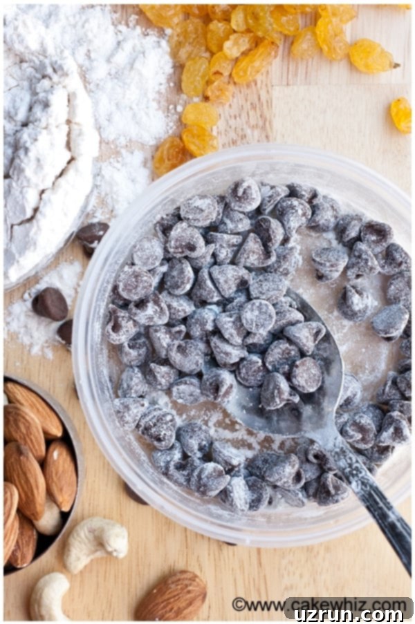 Bowl of Chocolate Chips and Flour to Stop Chocolate Chips From Sinking To Bottom of Cake.