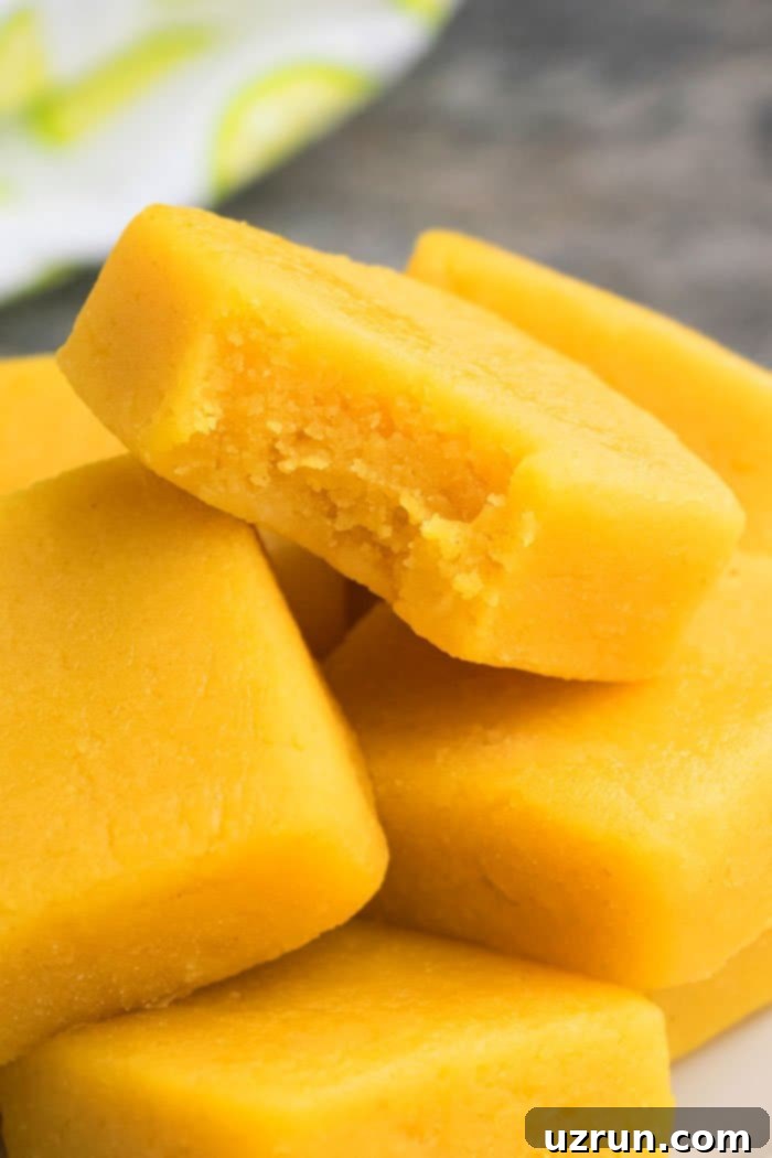 Simple Two-Ingredient Lemon Fudge 3 Partially Eaten Yellow Summer Fudge- Closeup Shot.