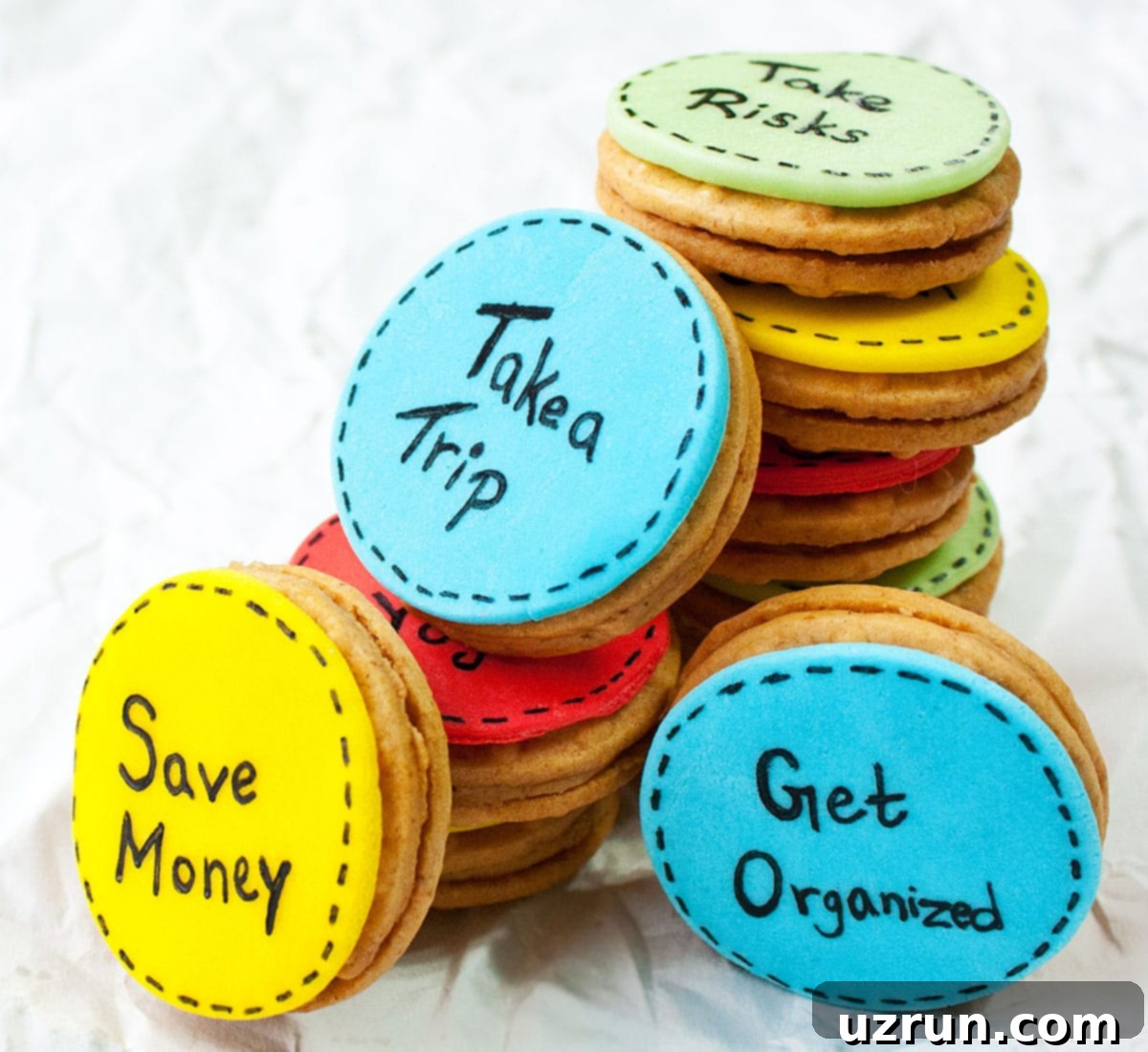 Easy New Years Cookies (Decorated Oreos) Arranged on Sheet of Crumpled Paper.