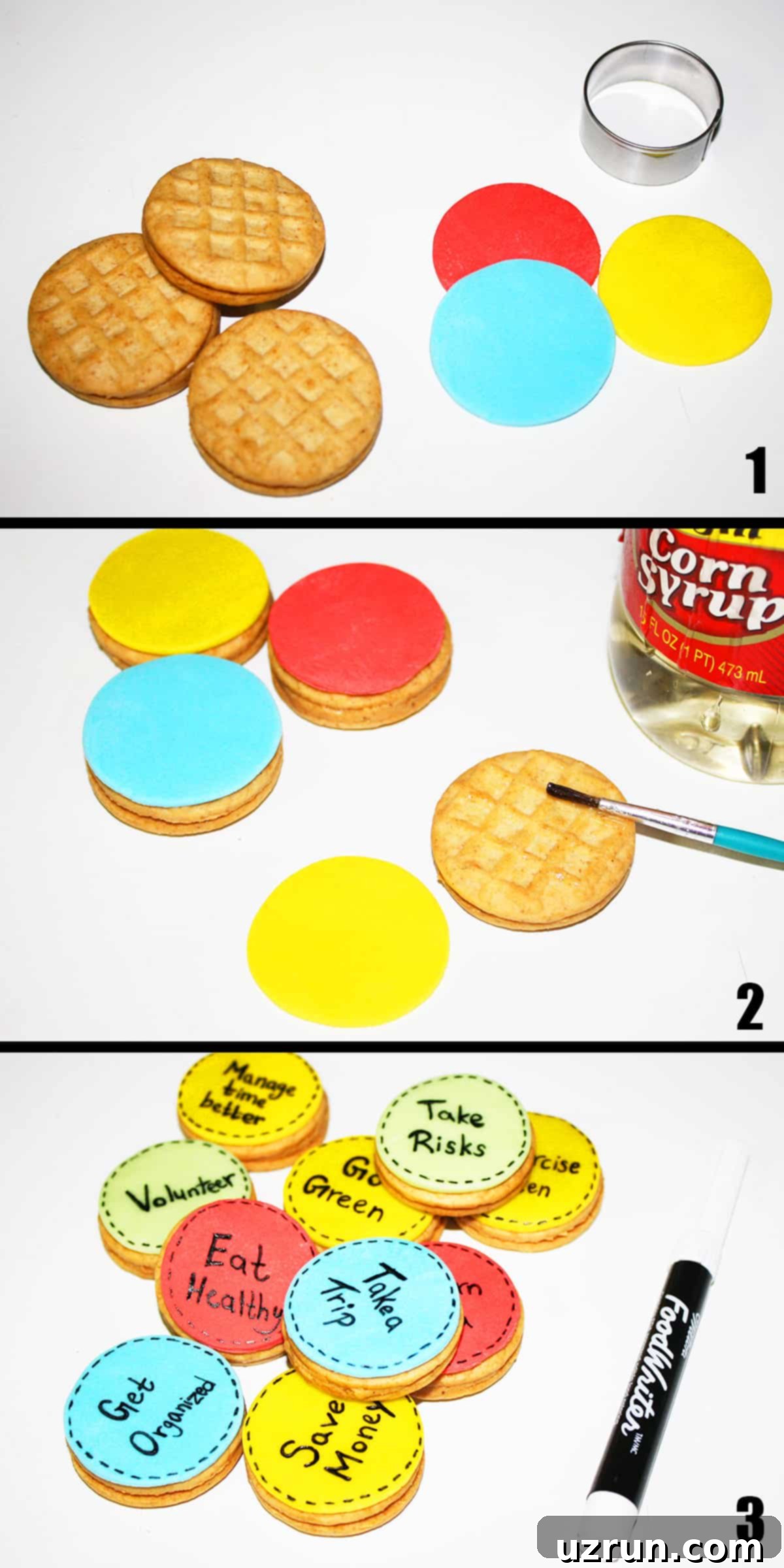 Simple New Years Decorated Oreos 4 Collage Image With Step by Step Process Shots on How to Make Happy New Year Cookies.