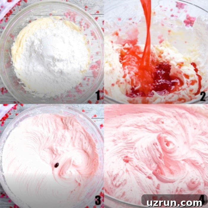 Pretty Pink Maraschino Cherry Frosting 4 Collage Image With Step by Step Pictures on How to Make Icing- Process Shots.