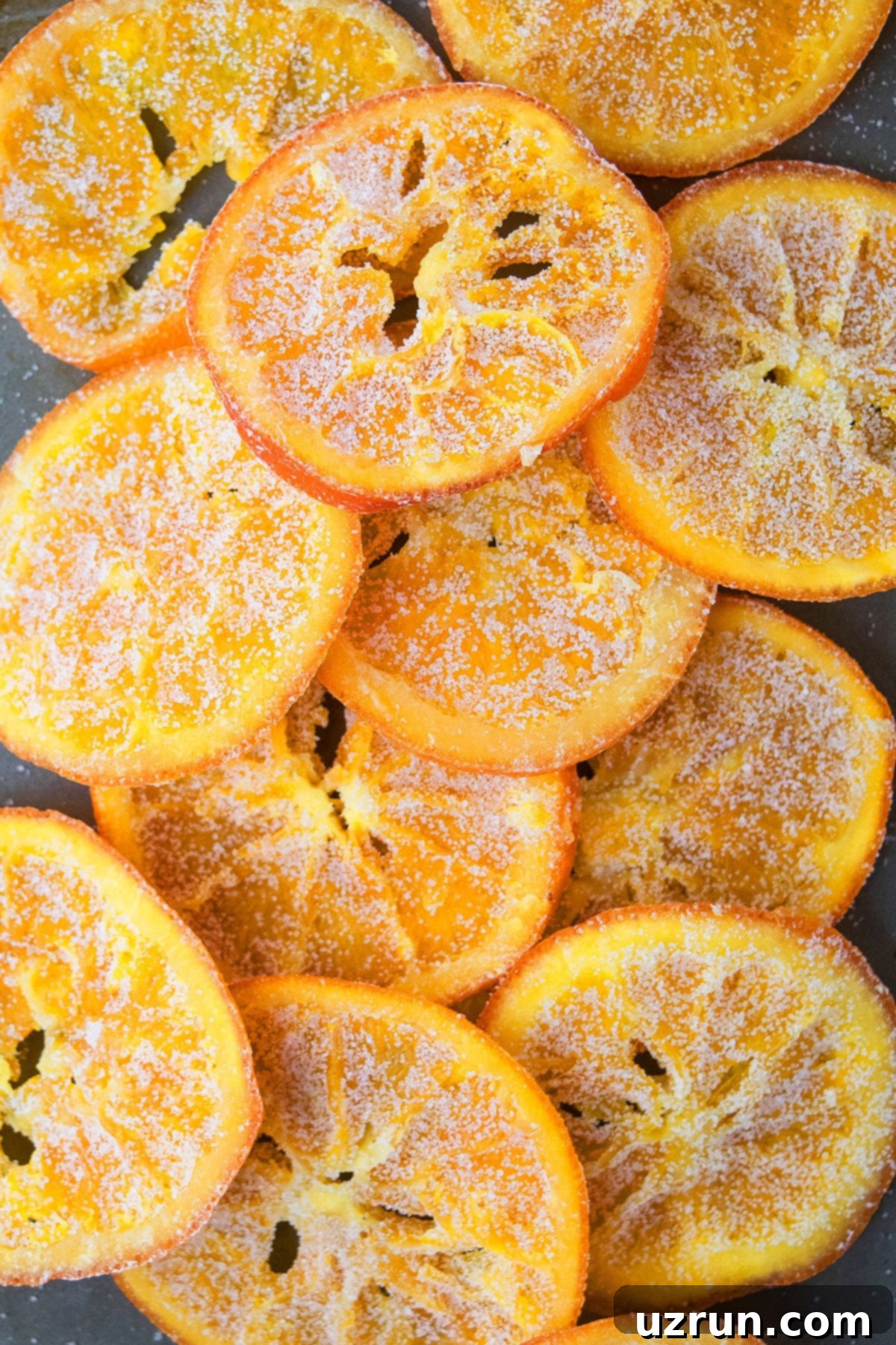 Candied Orange Slices and Peels 3 Homemade Orange Candy on Gray Tray.