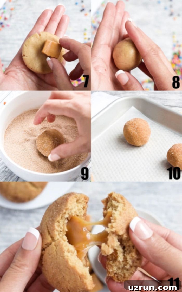 Soft and Chewy Caramel Snickerdoodles 4 Collage Image With Process Shots on How to Stuff Cookie Dough Balls.