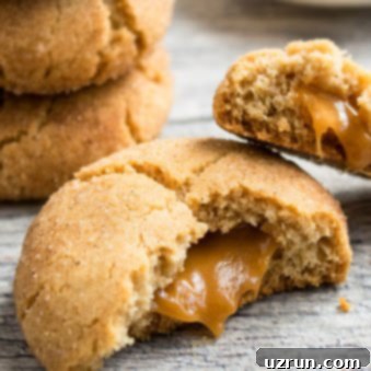 Soft and Chewy Caramel Snickerdoodles 7 Easy Stuffed Caramel Snickerdoodles Cookies on Rustic Gray Background- Broken in Half.