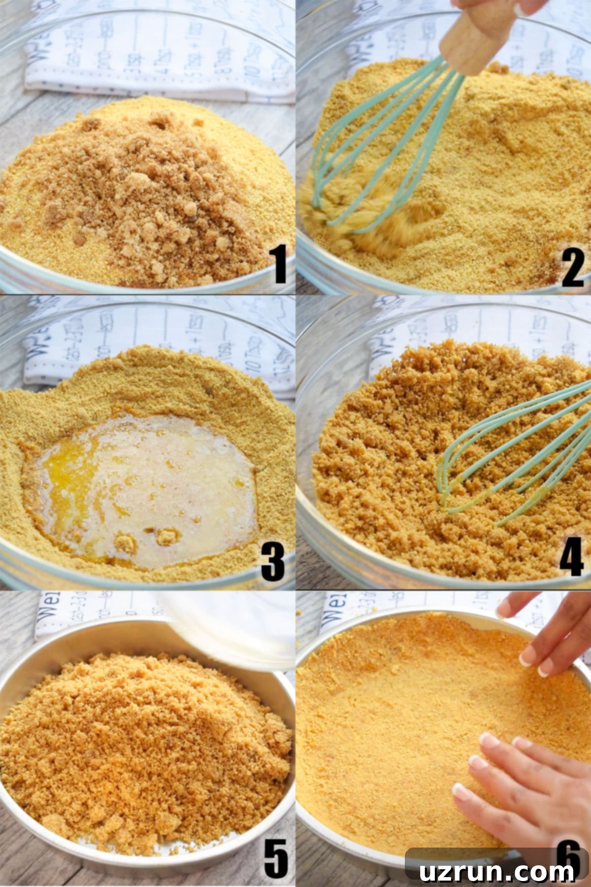 Easy No-Bake Graham Cracker Crust 3 Collage Image With Step by Step Process Shots on How to make Graham Cracker C Crust.