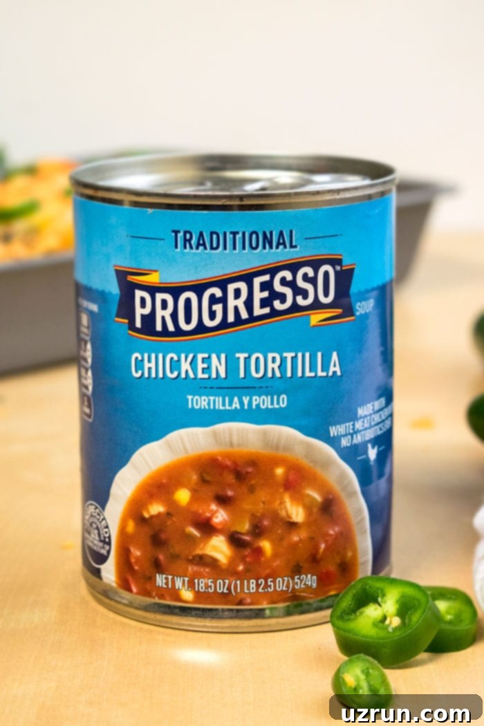 Can of Progresso Chicken Tortilla Soup on Wood Background. 